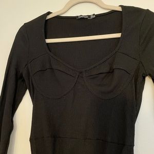 Boohoo Black Long Sleeve Corset Style Bodysuit